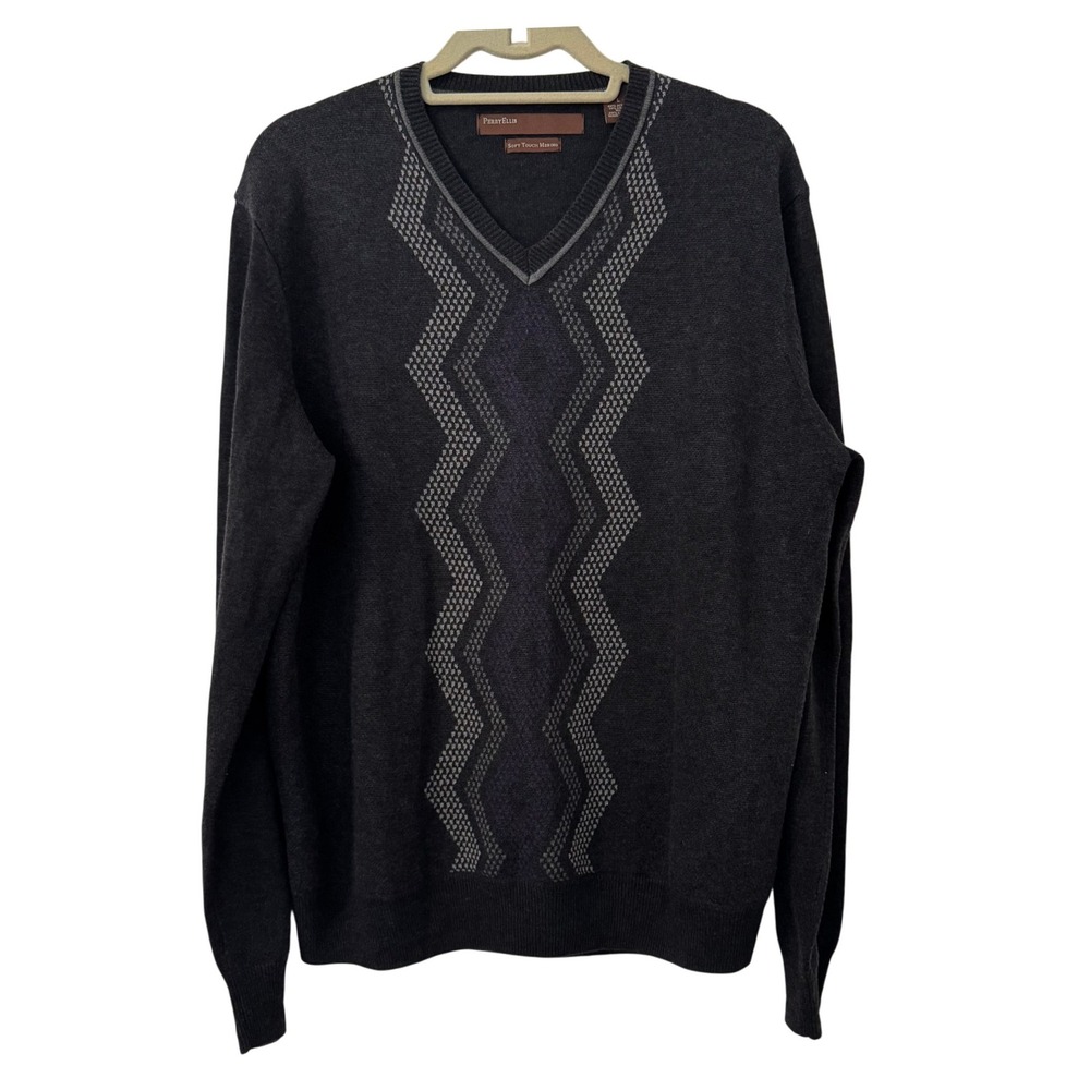 Perry Ellis V-Neck Sweater‎ Mens L Gray Soft Touch Merino Wool Blend Preppy